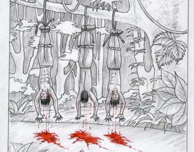 Drawing of three Huk rebels hung from a tree, bleeding from the neck from punctures by the CIA's psywar combat squad.