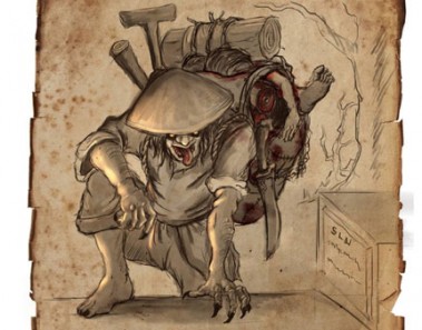 A balbal ghoul, crouched down, eyes glowing, tongue out with a large pack of body parts and grave digging tools on its back.