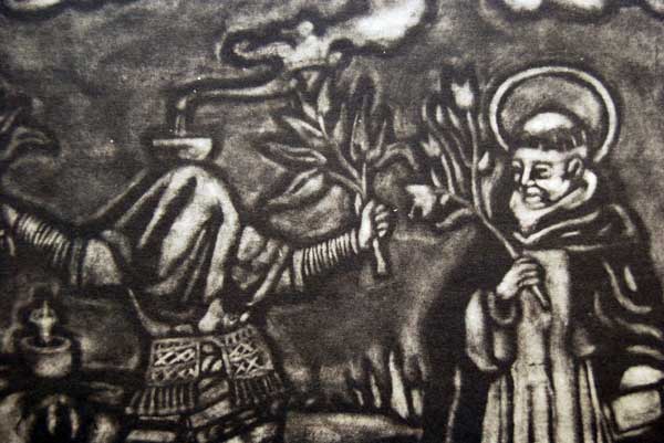 Illustrative image of a 16th century Catholic friar standing next to a babaylan shaman in mid-ritual, holding branches, veil over her face, and balancing a candle on top of her head.
