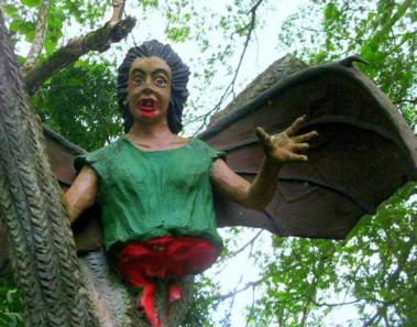 The torso of the self-segmenting manananggal statue hides up in a tree.