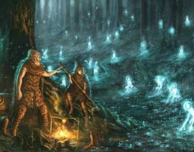 An illustration of 3 primitively dressed villagers stand near a fire in the middle of a forest while dozens of glowing humanoid figures move towards them.