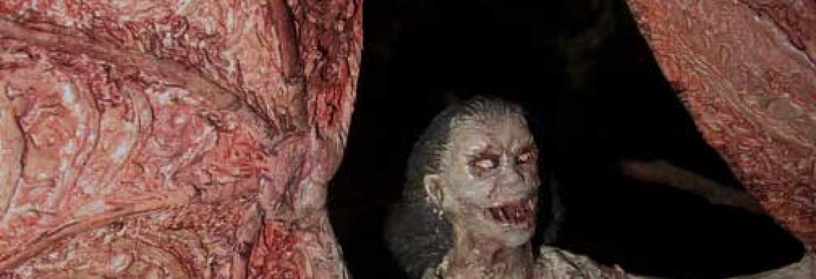 Sculpture of the self segmenting manananggal. Its wings are very large and its body looks decayed.