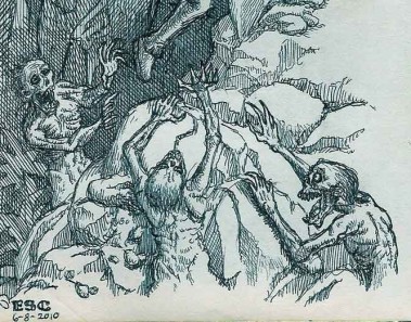 Sketch of a conquistador hanging on a rocky hill in the jungle for dear life while a gang of Maranhig (reanimated corpse in Philippine folklore) try to get a piece of him from below.