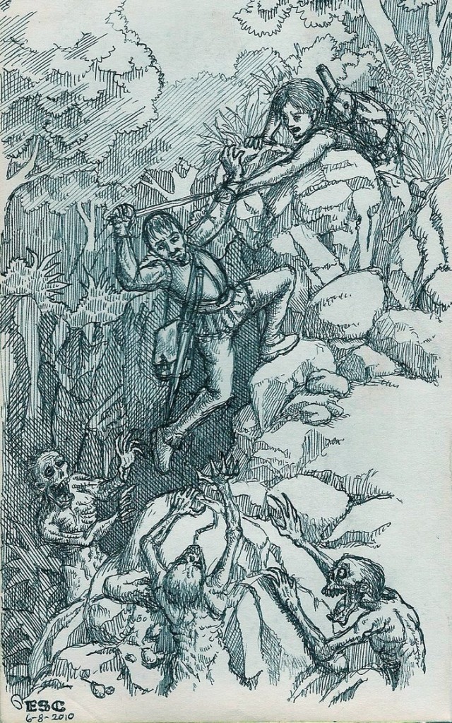 Sketch of a conquistador hanging on a rocky hill in the jungle for dear life while a gang of Maranhig (reanimated corpse in Philippine folklore) try to get a piece of him from below.