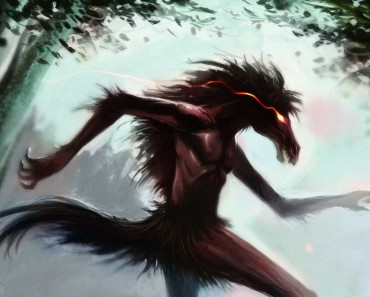 Illustration of a horse like humanoid figure running through the forest with eyes glowing like flames.