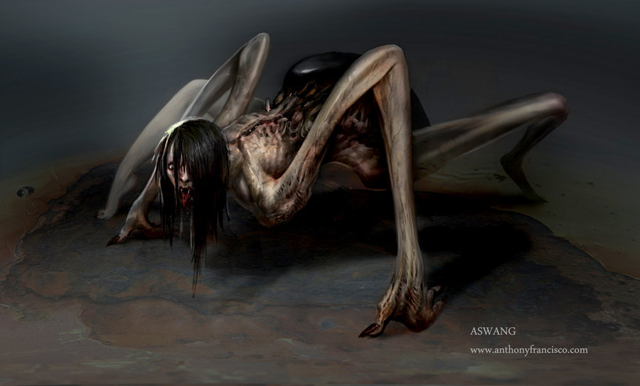 An aswang with 4 spider like limbs and a fanged human face, stands in wait, tongue out and ready to pounce.