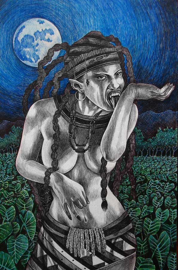 Illustration of a Danag vampire which shows a woman in Cordillerian traditional clothing, with pointed ears, fangs, and is liking her arm as she stands in a taro field.