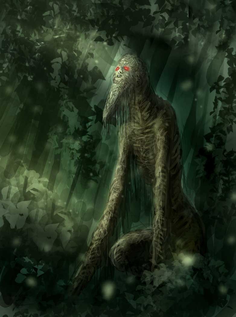 Illustration of a tikbalang, which appear to be composed of moss, and jungle growth over a skeletal figure which shows a horse-head shaped skull with glowing eyes.