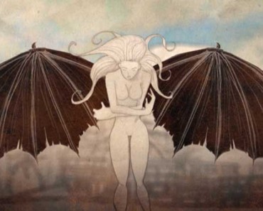 Illustration of a woman with large black wings spread behind her.