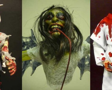 Three of Enrico's doll creations. AMARANHIG (VISAYAN ZOMBIE) bloodied with guts falling out. MANANANGGAL with a long thin tongue hanging from its mouth, wings are arms spread. PARING PUGOT which is represented as a priest holding his severed head.