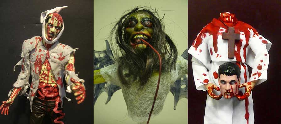 Three of Enrico's doll creations.  AMARANHIG (VISAYAN ZOMBIE) bloodied with guts falling out. MANANANGGAL with a long thin tongue hanging from its mouth, wings are arms spread. PARING PUGOT which is represented as a priest holding his severed head.
