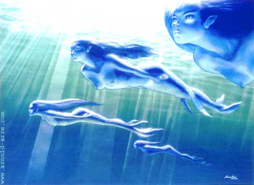 Illustration of 3 sirena swimming through the ocean as sun rays shine through around them.