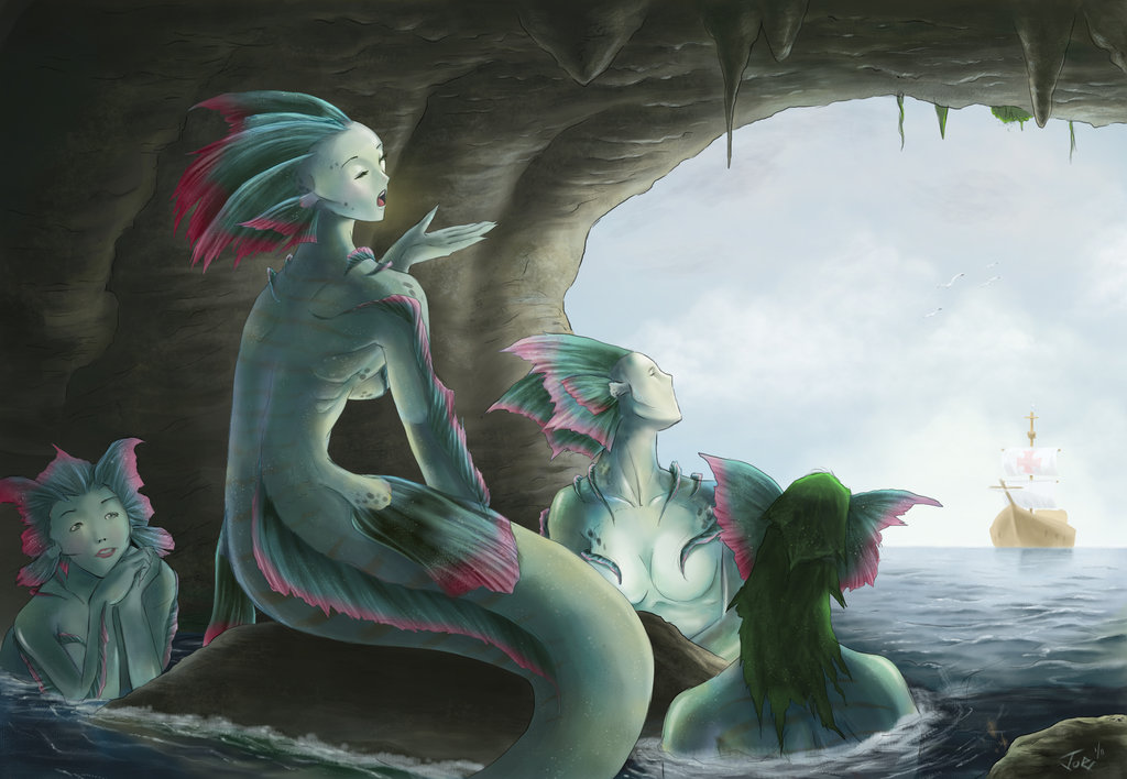 Illustration of four sirena beings , more fishlike in their humanoid appearance, look out from a rocky cave at a Spanish galleon in the distance. 