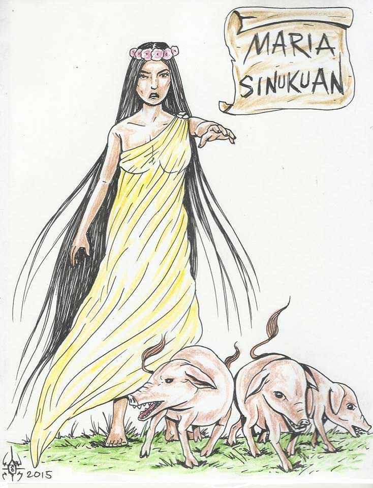 Maria Sinukuan illustration by Enrico delos Reyes shows her in anger with three pigs scurrying away in front of her.