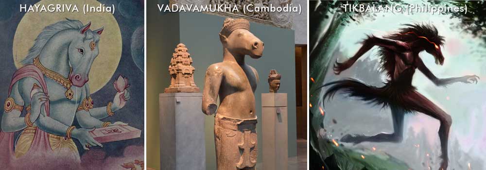panel of three images showing Hayagriva, a horse headed avatar in Hindu beliefs, then an interpretation of the Cambodian horse -headed avatar Vadavamuka, and finally the horse headed folkloric creature of Philippine folklore, the Tikbalang.