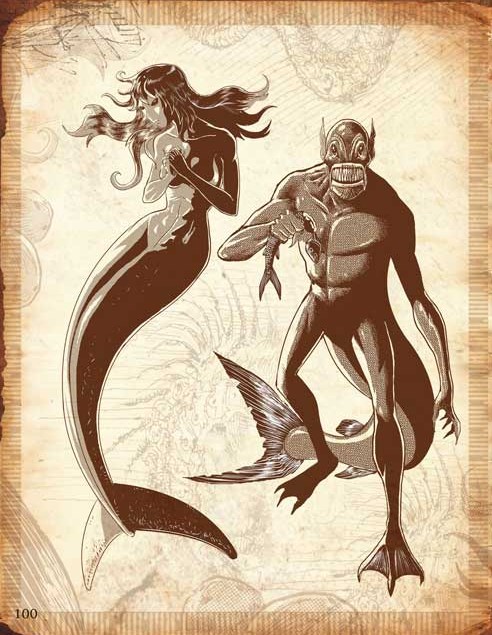 Sirena drawings by Bow Guerrero show a mermaid and a humanoid fish like being.