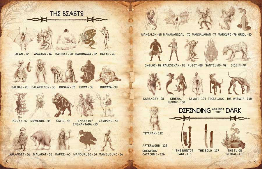 An infographic showing the creatures and beasts featured in The Lost Journal of Alejandro Pardo, sorted alphabetically. 