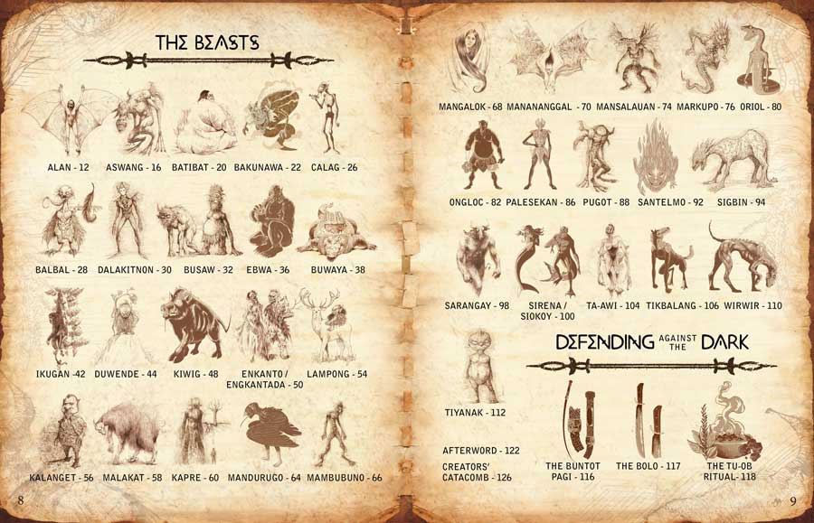 An infographic showing the creatures and beasts featured in The Lost Journal of Alejandro Pardo, sorted alphabetically.