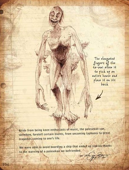 Ta-awi drawing by Mervin Malonzo shows a crazed looking man with long arms hanging by his side and extremely long fingers that almost reach the ground. 