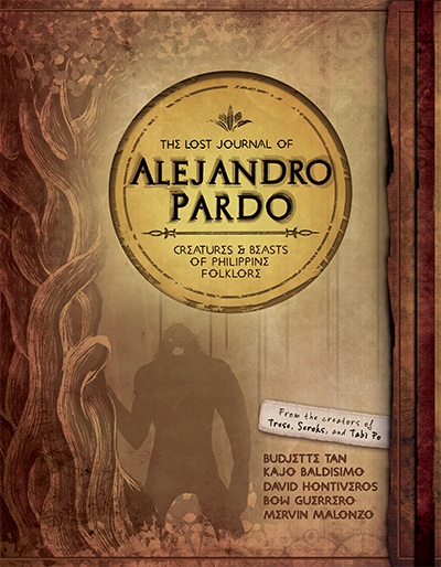 Cover art for  The Lost Journal of Alejandro Pardo: Creatures & Beasts of Philippine Folklore, shows a Kapre lurking in the background beside a balete tree.