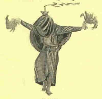 Illustration of a babaylan in traditional Tagbanua clothing, hood over her face, arms outstretched, and a candle on her head. She holds grass in her hands.