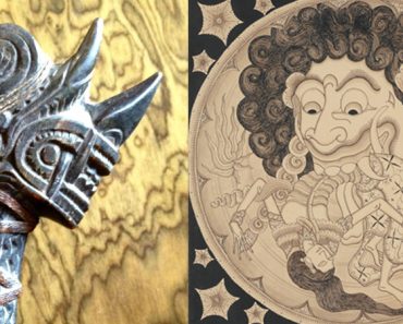 A Bakunawa sword hilt compared to the image of the Javanese demon Kala Rahu. Both share common attributes and seem to be based off similar influences and design - large fangs, swirling design, head shape etc.