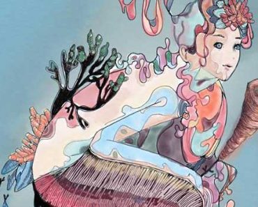 A beautiful, and colorful illustration of a mermaid like being, with coral and sea fauna growing off of her.