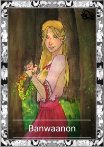 An illustration of a beautiful, blonde, long haired, woman in a celtic looking pink and salmon coloured gown standing in the forest.