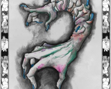 An abstract work of art with two gnarled hands joined at the forearms. Three beings are intertwined within the forearm area.