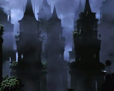 Gothic looking dark stone towers rise out of the jungle and into the distance.
