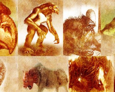 A panel showing eight cryptid beings from the Philippines. They range from ape-like to bird-like mostly sporting a grimacing look, long claws, and fur covering their body.