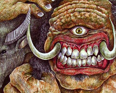 The head of a giant is seen with a huge grin, tusks instead of incisors, and one eye is set above where a nose should be.