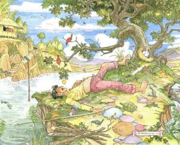 Illustration of a lazy Pinoy man laying under a tree by a ariver as a branch from the above tree dangles a piece of fruit over his mouth. He seems unaware that the fishing rod that lay beside him with a fish attached.