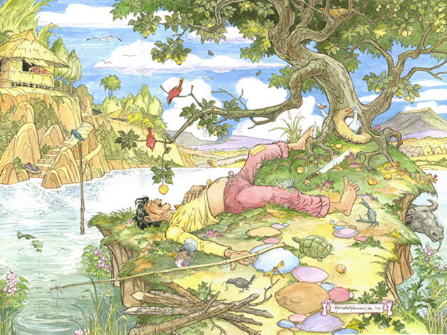 Illustration of a lazy Pinoy man laying under a tree by a ariver as a branch from the above tree dangles a piece of fruit over his mouth. He seems unaware that the fishing rod that lay beside him with a fish attached.