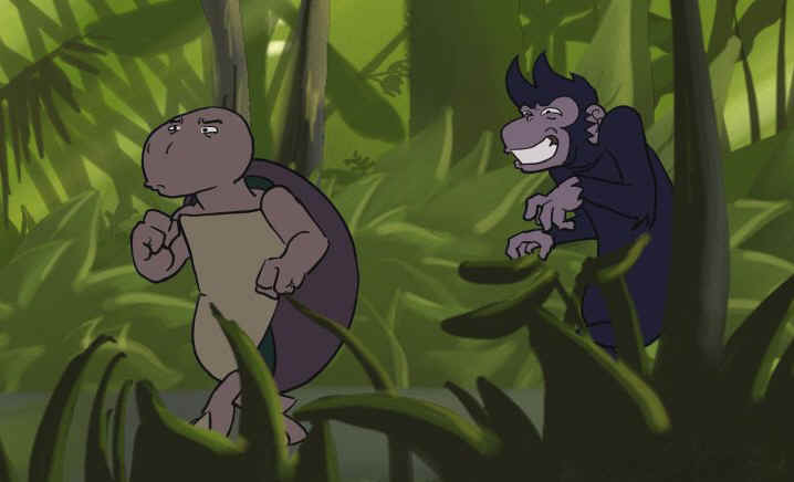 Illustration of a monkey creeping up behind an unsuspecting turtle.
