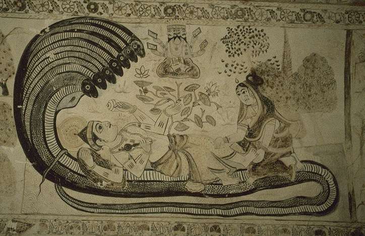painting of Vishnu recling on a multi headed sname