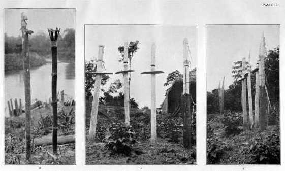 Sacred image and offering stand. Note the egg on the stand. Gerona, upper Agúsan. b, c, Sacred posts with offering trays for the Magbabáya, used on the upper Agúsan during the great religious movement.