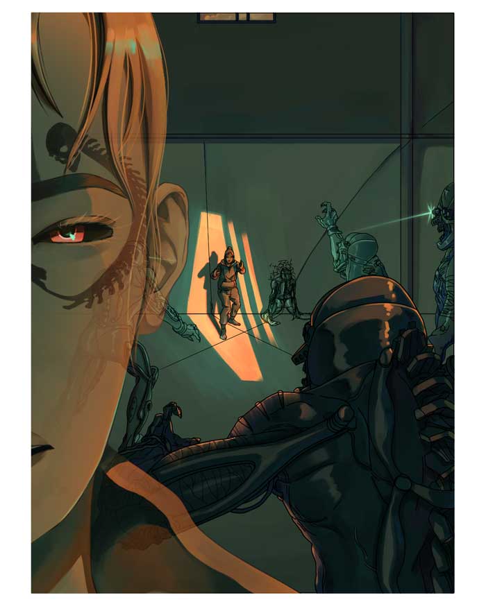 An illustration shows half a woman's face, her Chinese eye glows red, while a snake tattoo with a skulled head curves around her eye. Ethereal and mechanically modified ghouls are seen in the background.