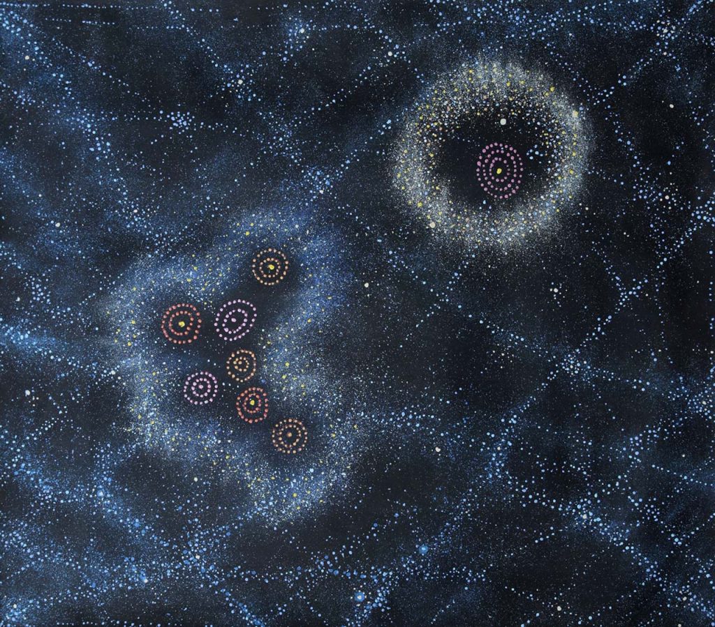 The pleiades constellation painted in the night sky. done in traditional Australian aboriginal art style of dots. 