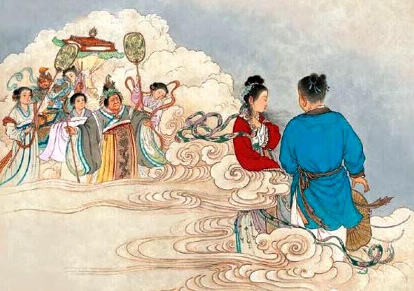 Traditional Chinese painting. A woman sits with her lover among the clouds, while her six sisters and mother loom in the background seemingly in disapproval
