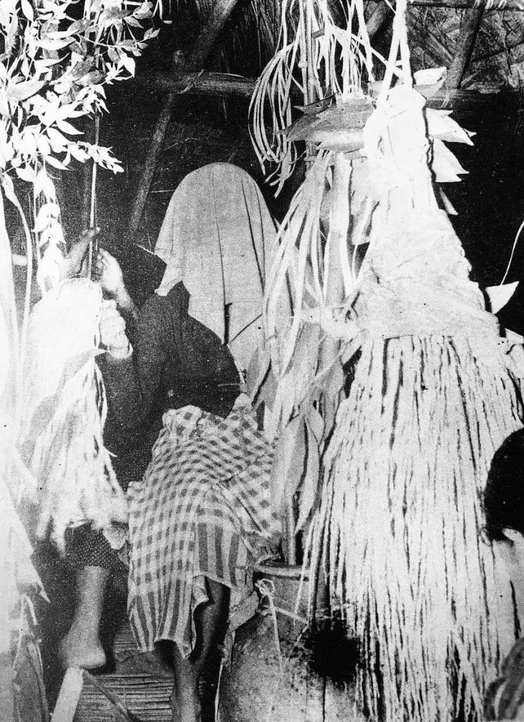 A woman sits with a hood over her head, all sorts of grassy paraphernalia hangs in the room. 