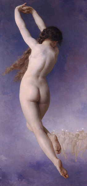 A classical painting of the back of aa nude woman floating through the air, long red hair cascading over her should. 