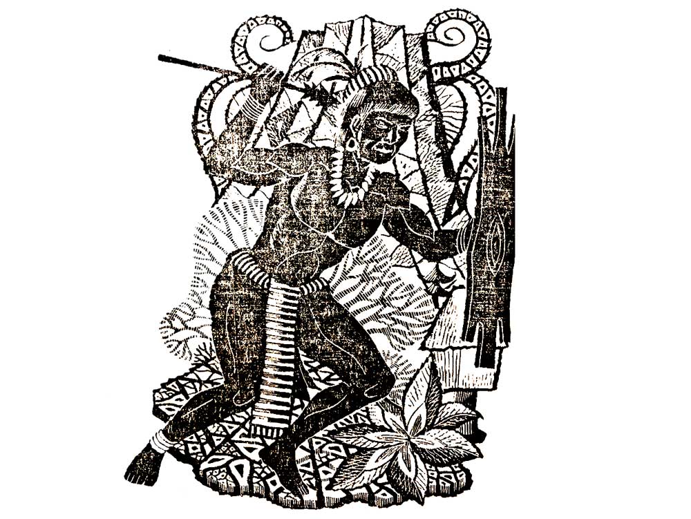 A woodcut imprint of a traditionally dressed Bontoc Brave.
