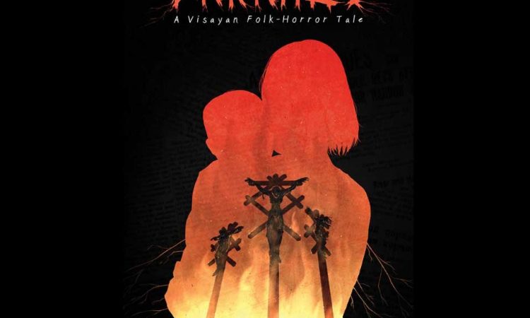 The cover image for the komik book Darahug has oranges and blacks outlining silhouettes with distrubing wooden totems standing in a field.