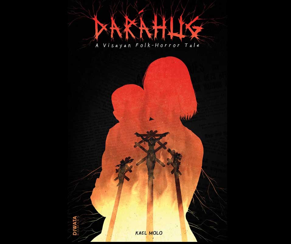 The cover image for the komik book Darahug has oranges and blacks outlining silhouettes with distrubing wooden totems standing in a field.