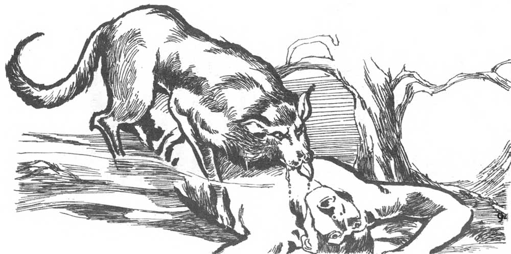 A sketch of a dog licking the wounds of a man lying on the ground, arms splayed.