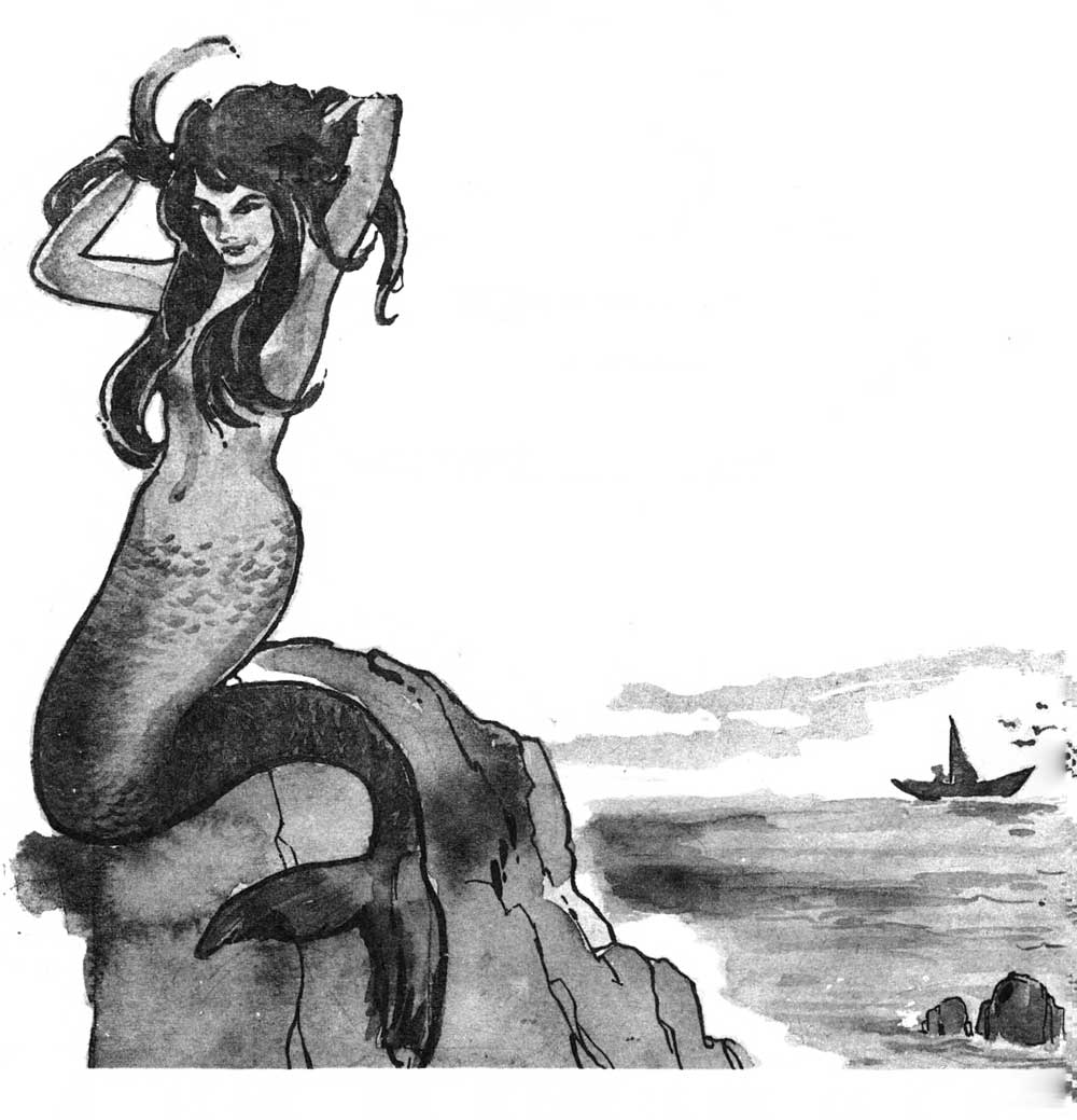A watercolor painting of a kataw (sirena) sitting on a rock, drying her hair. 