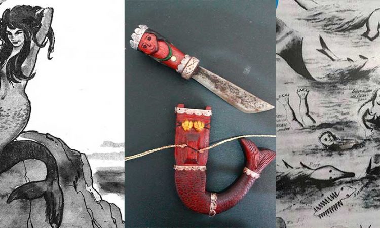 a collage of mermaid images - a sketch on one on a rock, an old 1668 sketch with other sea creatures, and a mermaid dagger with the tail for a sheath.