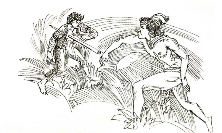 Agyu, the hero, throws a spear through a sultan.