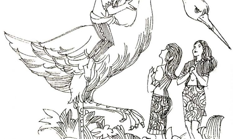 Sketch of two women by the river while a man is in front of them on a giant magic crane.